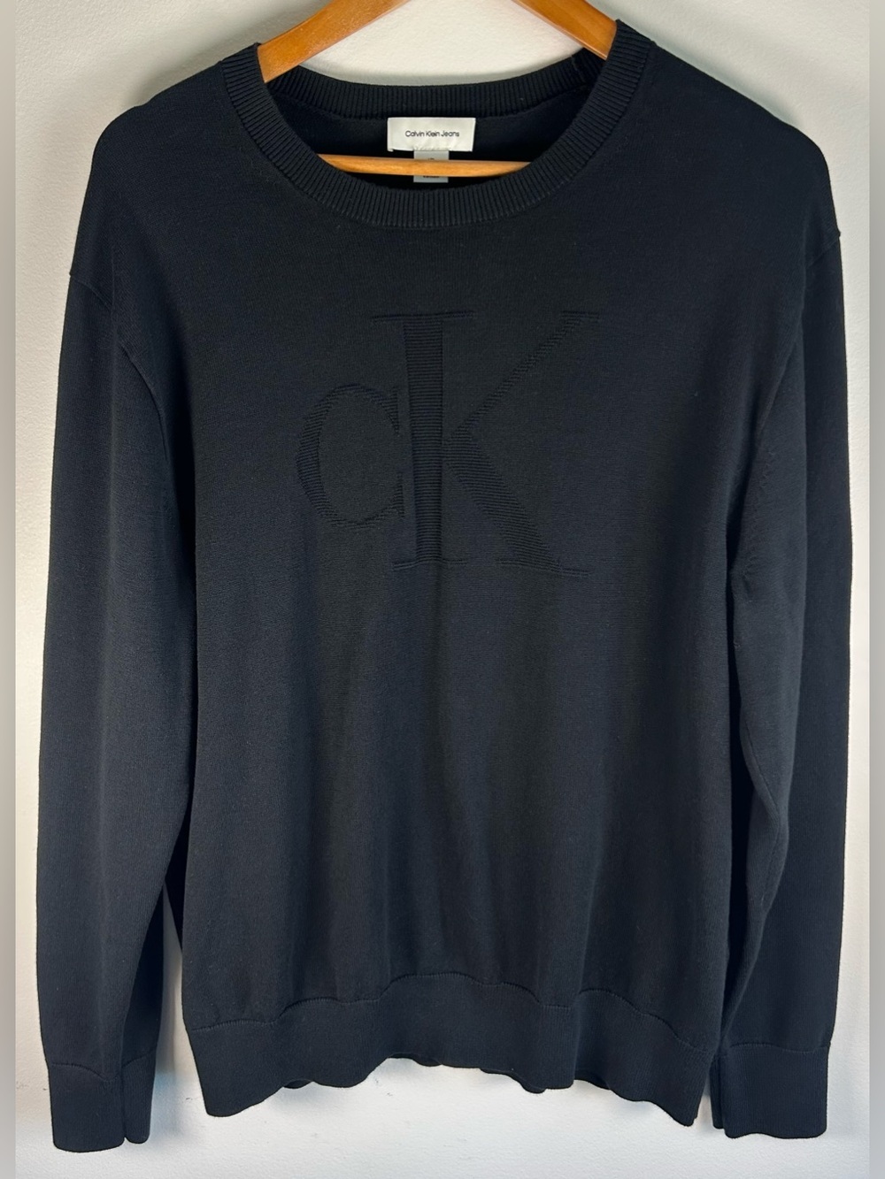 Calvin Klein Jeans Men’s Crewneck Sweater L Knit Embroidered Tonal Logo Like New